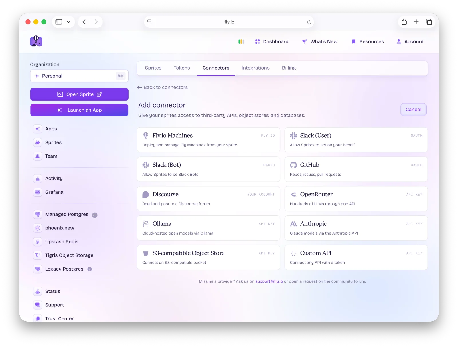 The Add connector page in the Sprites dashboard, showing a grid of providers: Fly.io Machines, Slack, GitHub, Discourse, OpenRouter, Ollama, Anthropic, S3-compatible Object Store, and Custom API